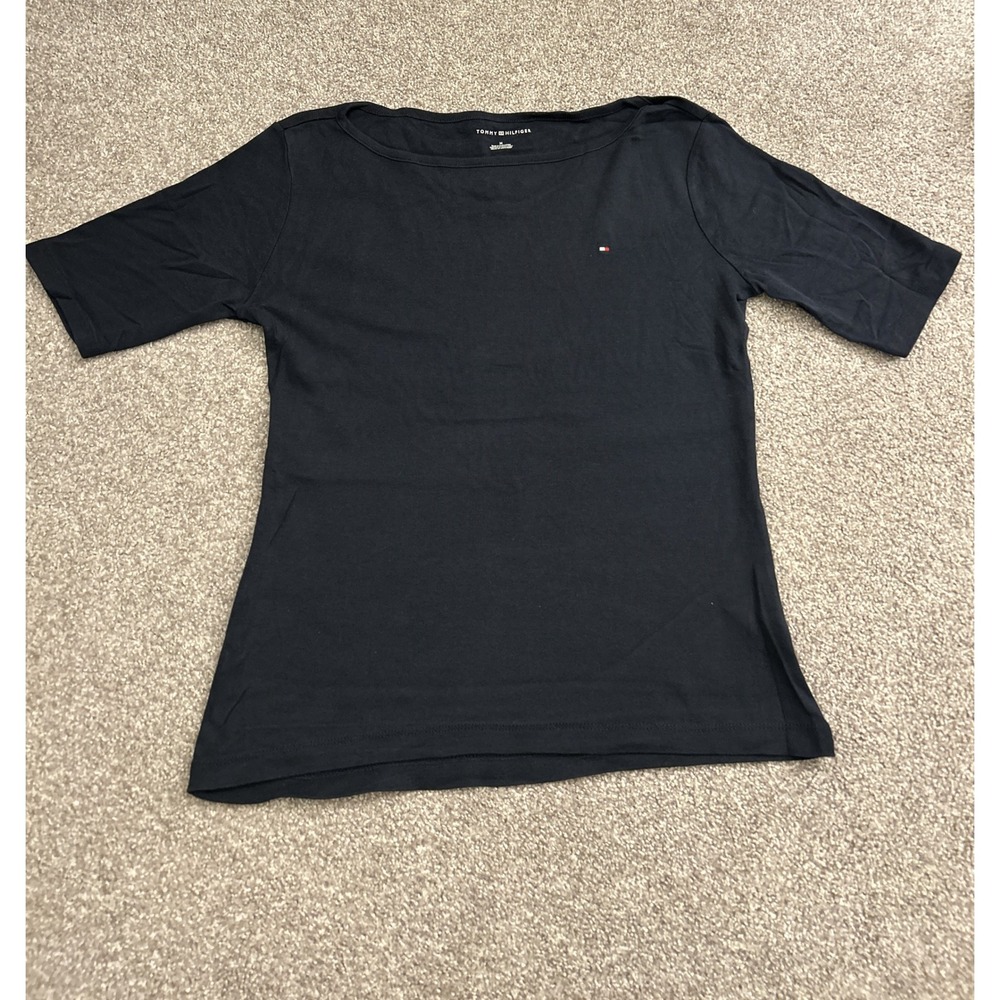 Tommy Hilfiger Boat Neck Top Womens Medium Navy Blue Excellent Elbow Sleeve